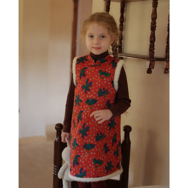 允儿妈女童秋冬银兰貂10u0支长绒棉碎花复古旗袍裙宝宝新年拜年服