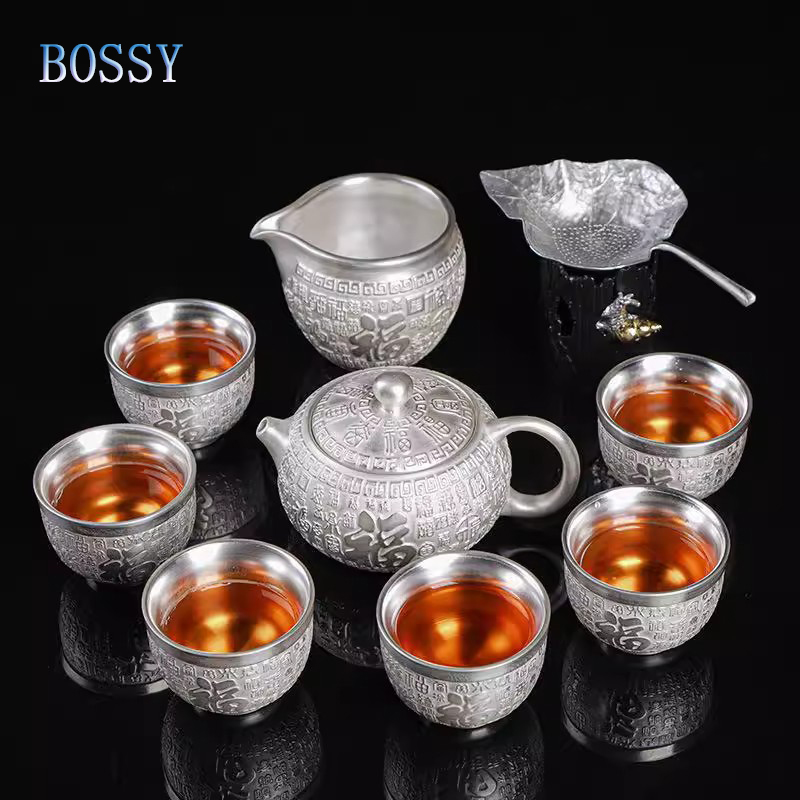 高档银色茶具手工鎏银茶壶百福套装镀银茶酒具套装中式泡茶壶礼盒