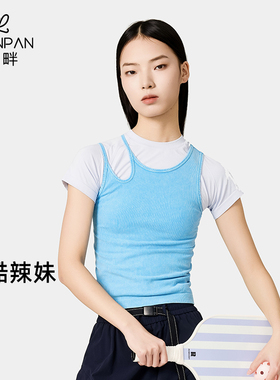 LPP蓝畔复古水洗牛仔不对称肩带无缝一体织运动背心