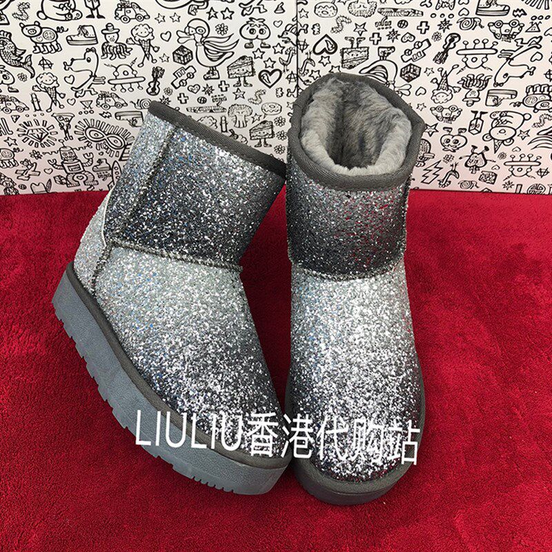 2024秋冬新款四寸银灰色渐变格利特雪地靴7cQm内增高厚底低筒女鞋