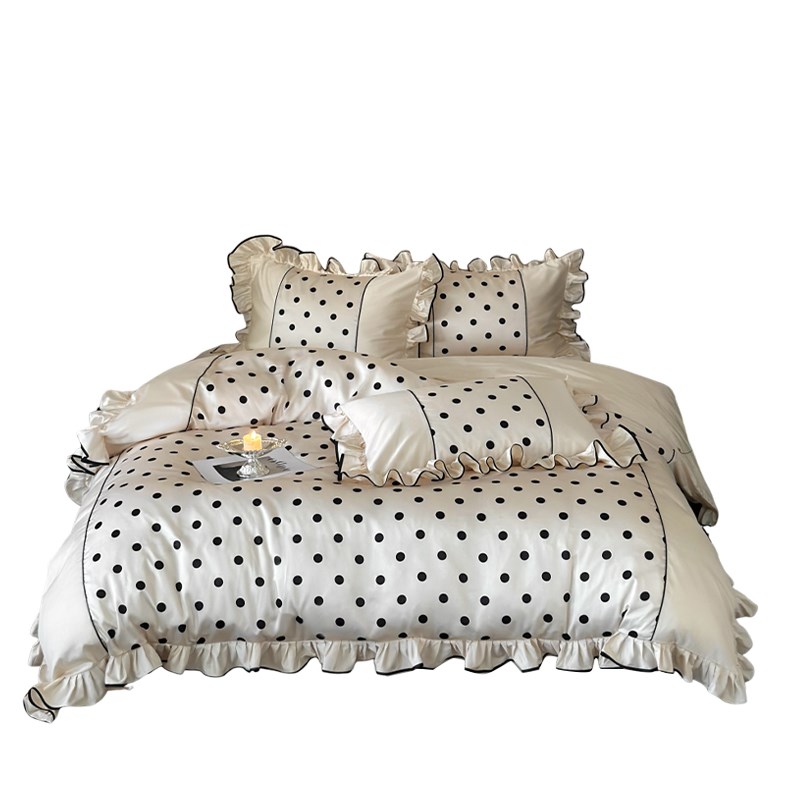 Retro法式少女波点纯棉长绒棉100S四件套波点全棉荷叶边床上用品