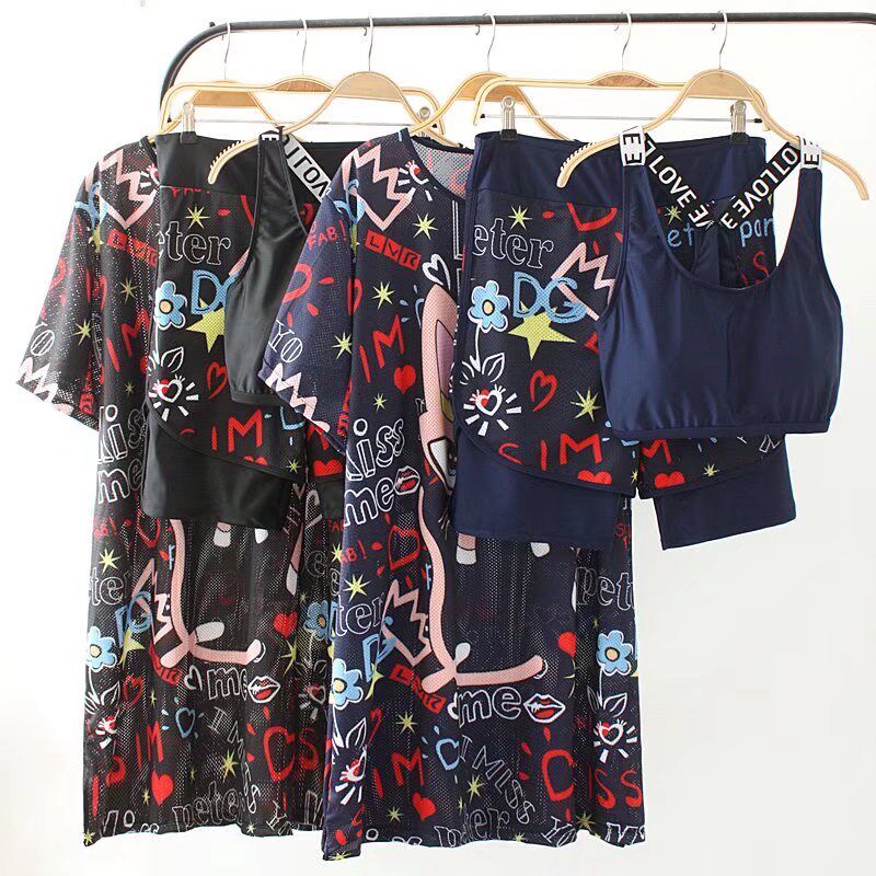 加肥加大码泳衣女胖mm遮肚显瘦200斤宽K松分体卡通泡温泉保守泳装