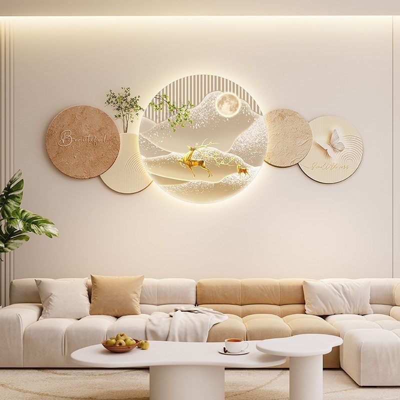 客厅沙发背景装饰画奶油风发光带灯壁画现代简约免打孔墙上挂画