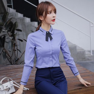 气质上班面试正装 职业衬衫 长袖 套装 工作服 女灰蓝方领打底衬衣工装