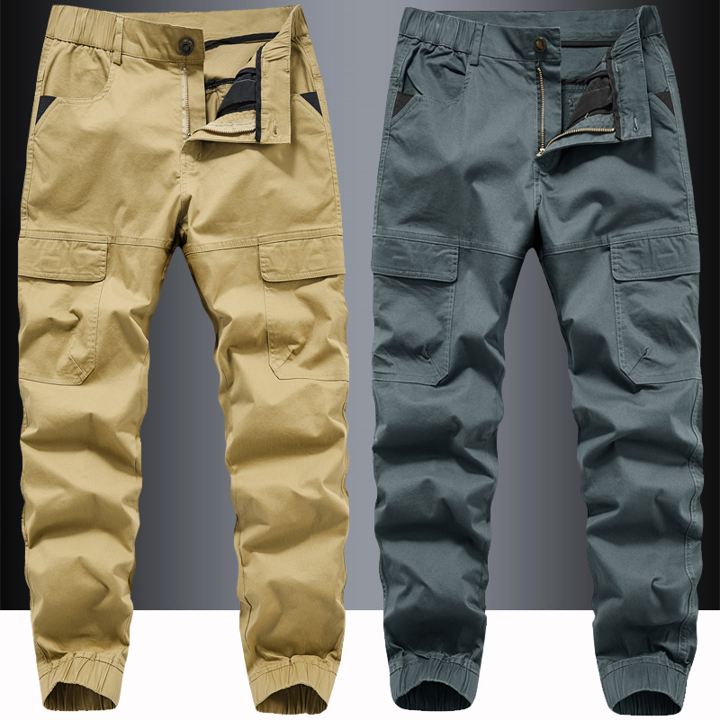 春秋薄款工装长裤男士户外运动弹力宽松大码束脚多口袋休闲长裤男