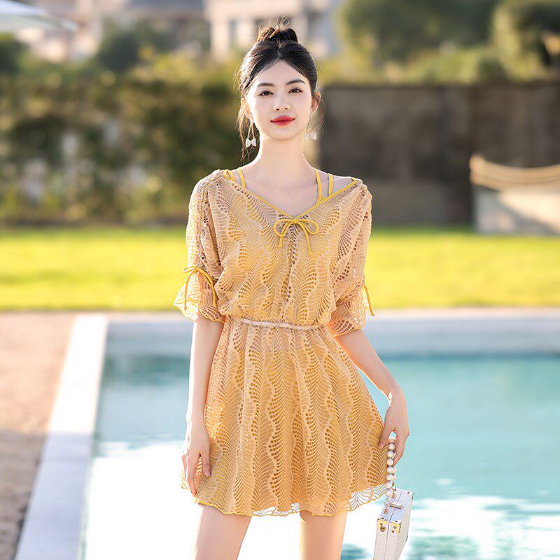 大码胖mm泳衣女裙式分体三件套蕾丝罩衫保守显瘦遮肚泡温泉带胸垫