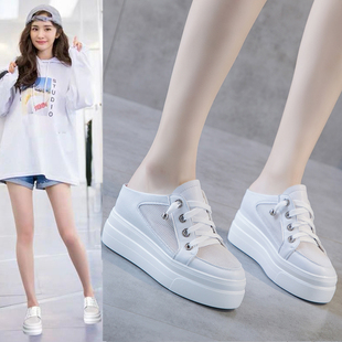 夏小白鞋女无后跟包头厚底松糕内增高8cm懒人凉拖小Y码坡跟半拖鞋