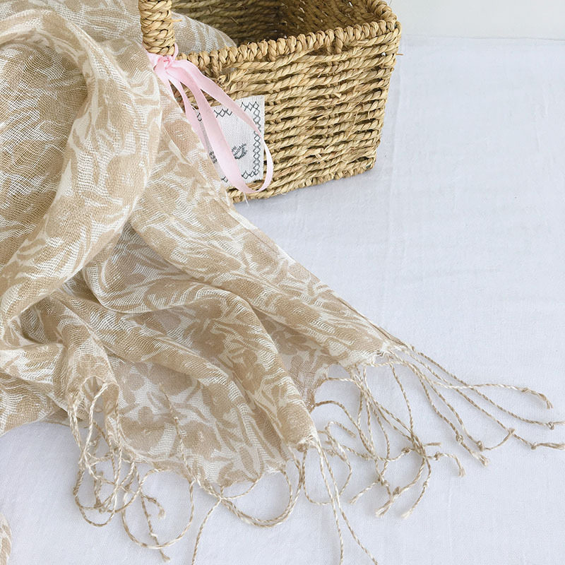 100%纯亚麻日系小碎花新款丝巾 春夏轻薄透气披肩遮阳印花围巾