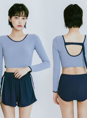 蓝色大门-W小调长袖运动遮肚显瘦平角裤三件套温泉游泳衣女新款