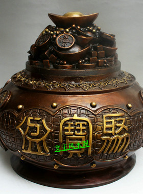 纯铜聚宝e盆招财摆件特大号五路财神纯铜