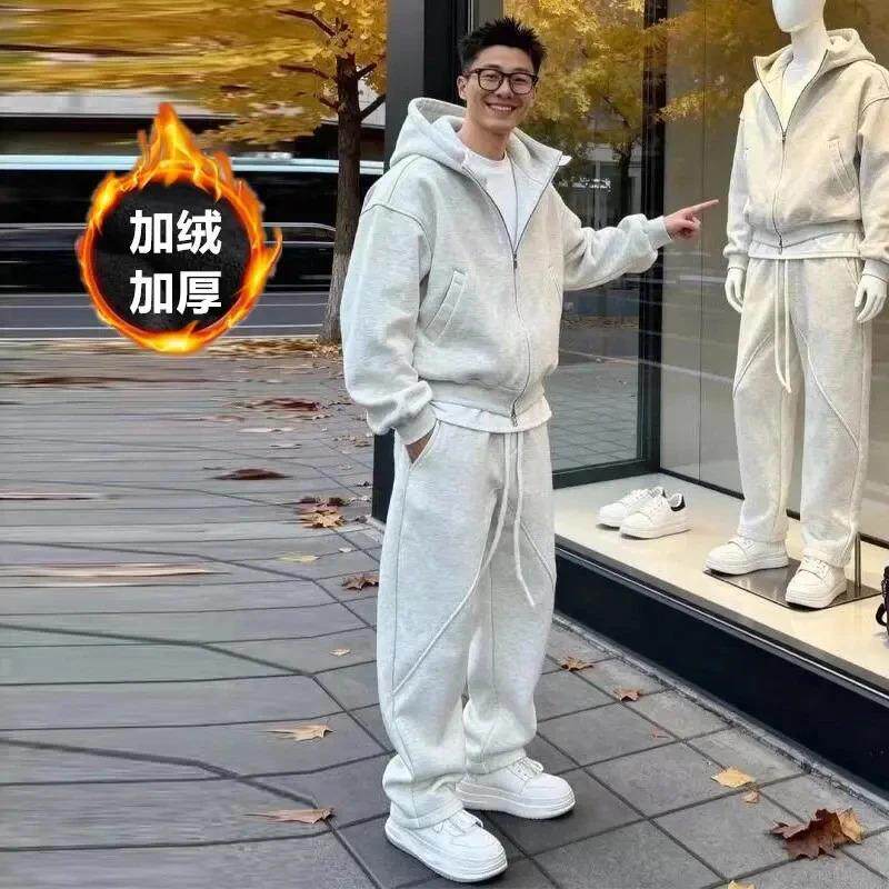 嘉意侬加绒加厚套装男冬季新款连帽蝙蝠袖外套宽直筒运动裤两件套