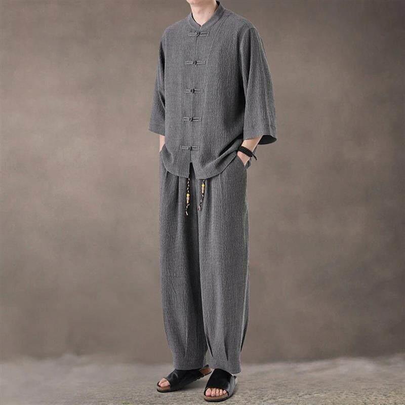 GREENWOOD青木男装12新中式设计中国风冰丝唐装套装男夏盘扣衬衫