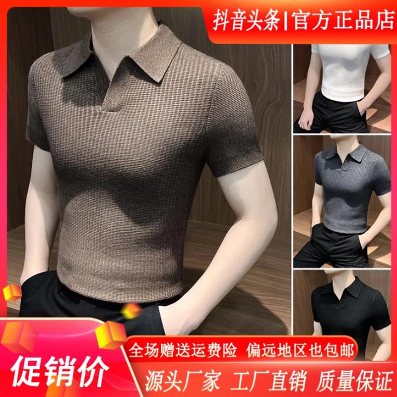 尤米轻奢小V领polo衫男款爆款2025新款痞帅男装d秋季针织男短袖t