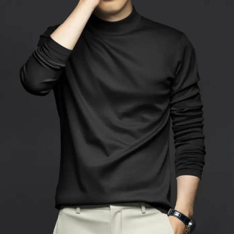 佑酷STUDIO液氨丝光棉半高领长袖T恤男秋冬季纯色修身中领打底衫