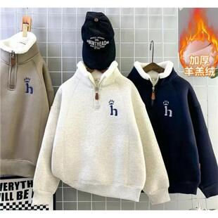 豆丁之家童装男童加绒刺绣卫衣秋冬款中大童冬款加厚男孩打底衣