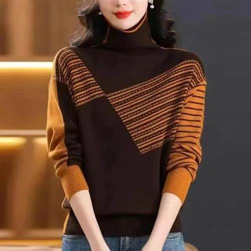 东大路精品女装针织衫毛衣新款拼色半高领宽松显瘦q百搭毛衣上衣