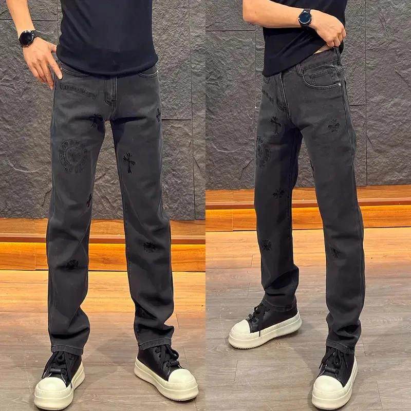 文福轻奢秋冬重磅定制男士刺绣高端宽松男士直筒牛仔裤时尚潮