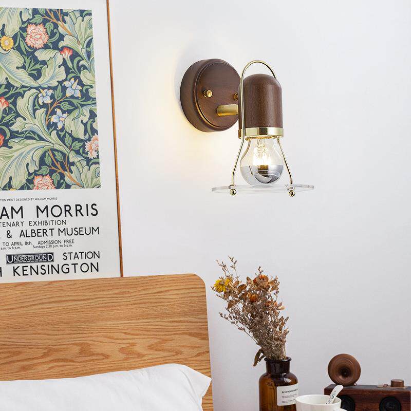 日式复古胡桃木床头壁灯怀旧仿古壁灯过道灯可旋转轻奢民 宿卧室