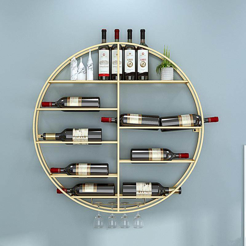 酒店吧台墙上圆形酒柜家用客厅铁艺装饰红酒瓶置物架创意高脚杯架
