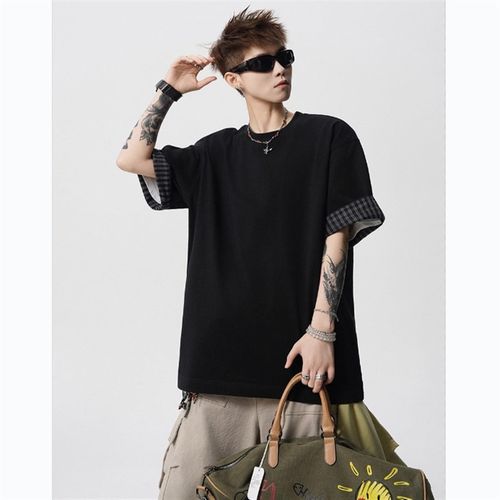 爆款重磅纯棉320克格子翻边短袖男2025新款夏季R宽松设计感圆领T