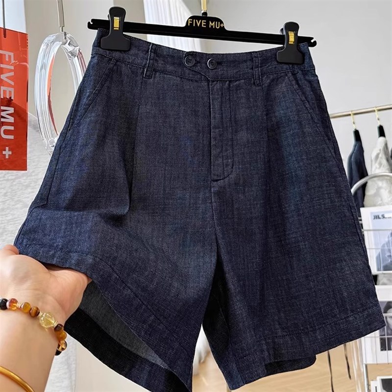 复古高腰b牛仔短裤女夏季外穿A字宽松阔腿直筒热裤百搭裤子蓝色