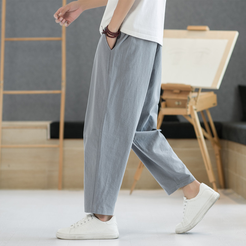 男士亚麻裤春秋季裤子中国风男装B唐装休闲裤胖子哈伦裤宽松阔腿