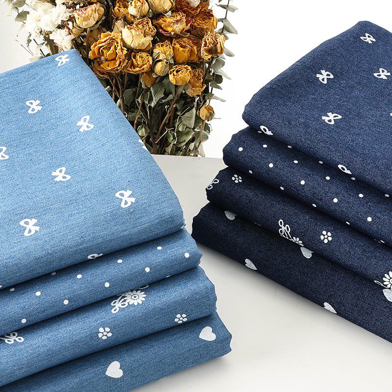 牛仔布料水洗印花春夏季薄款连衣裙B裤子衬衫diy服装面料diy棉布