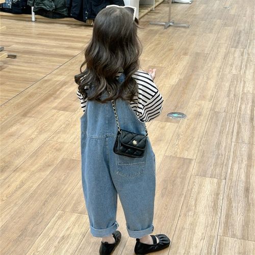 男女童牛仔背带裤2024春季新款童装儿童条纹卫R衣裤子套装中小童