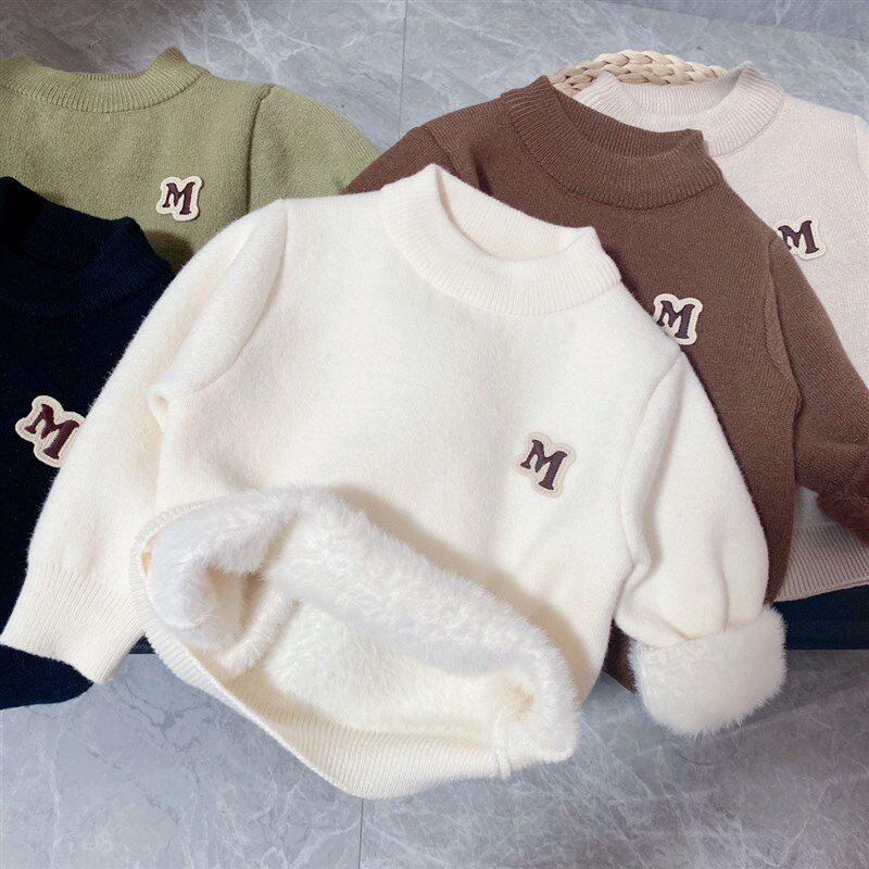 男童一体绒毛f衣秋冬季儿童打底衫圆领宝宝内搭2023新款加绒针织