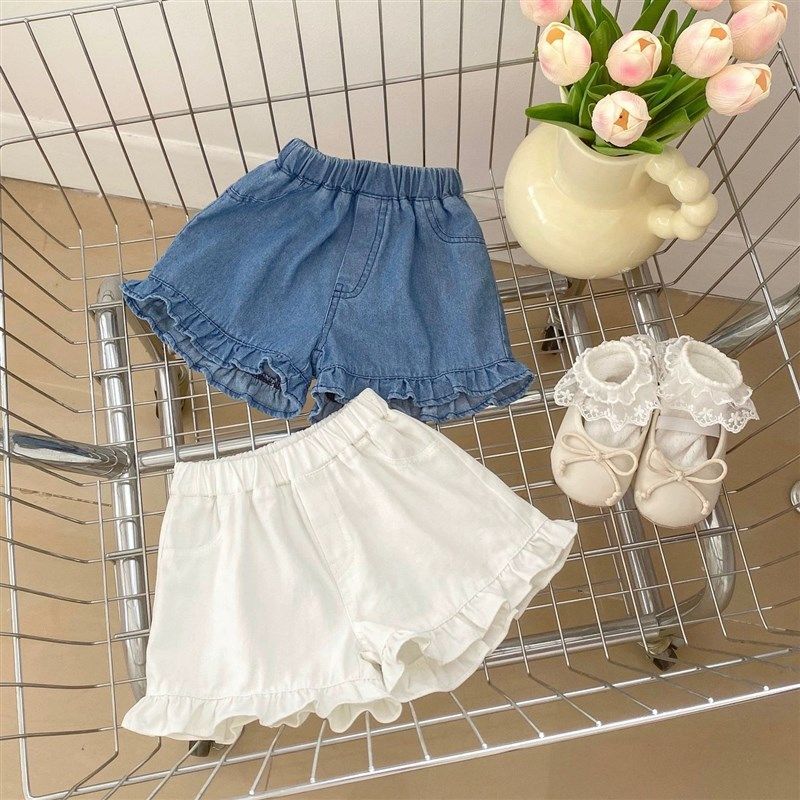 女童洋气软牛仔短裤2024夏季新B款韩版宝宝木耳边热裤儿童时髦裤