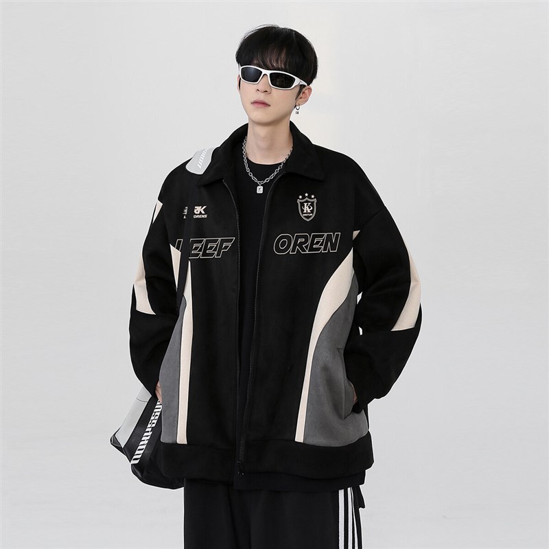麂皮绒外套男202l5春季新款美式高街撞色拼接青少年宽松机车服夹
