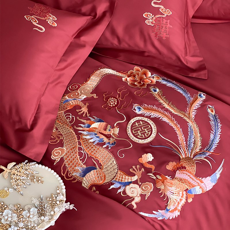 新中式龙凤婚庆四件l套全棉100S长绒棉红色刺绣结婚被套床单床笠