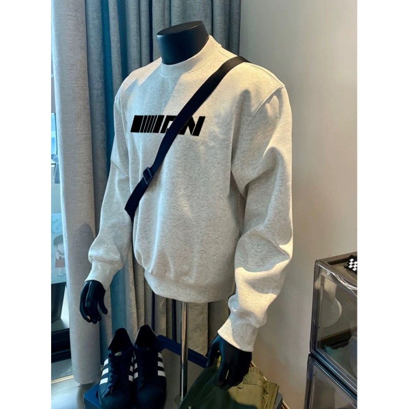 小领口重磅硬挺卫衣男款秋u冬加绒圆领无帽外套美式复古内搭打底