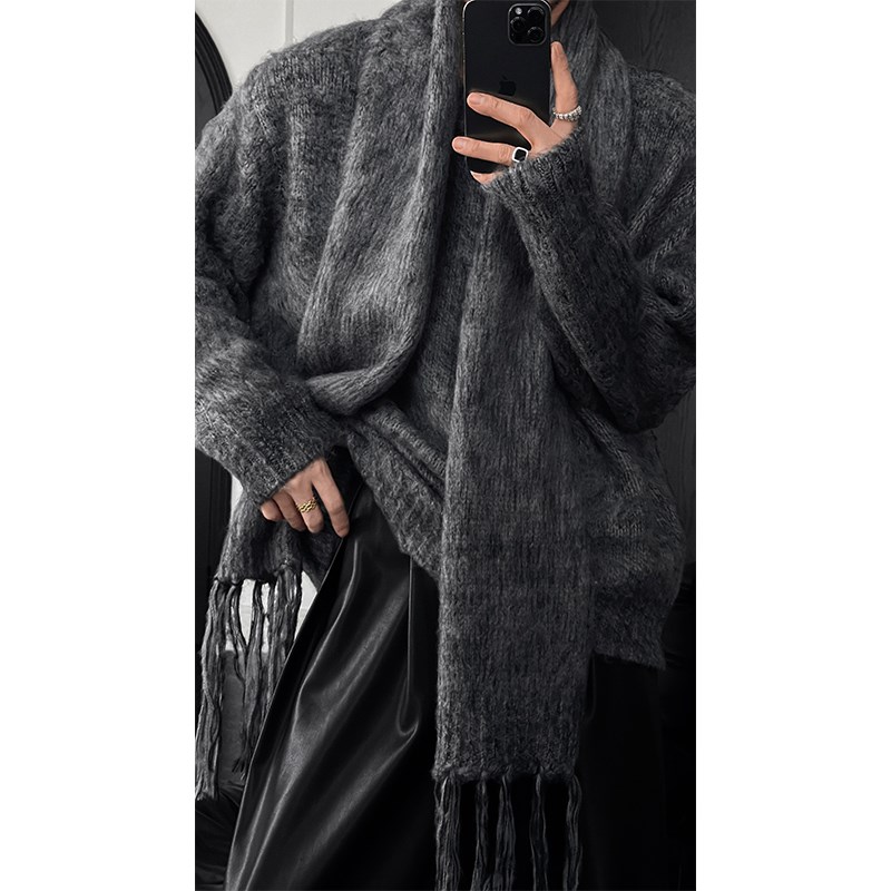 龙叨叨2024秋冬新品韩系设计A款围巾毛衣情侣慵懒风套头针织上衣