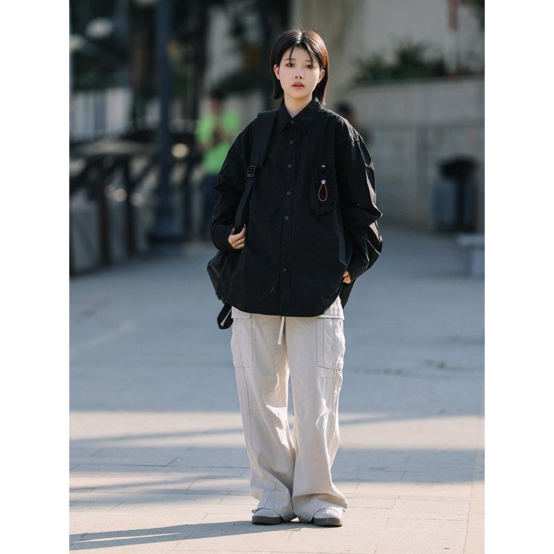 水曜日定a休 日系做旧设计宽松休闲裤男阔腿直筒工装裤新款长裤子