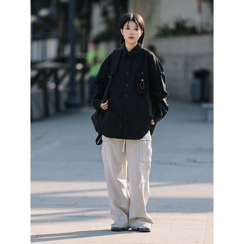 水曜日定a休 日系做旧设计宽松休闲裤男阔腿直筒工装裤新款长裤子