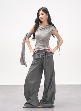 AXIA休闲工g装裤女夏季假两件叠穿设计感直筒宽松屁帘阔腿裤子慵