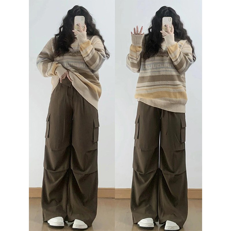 300斤大码胖mm美式棕色工装裤女秋季H显瘦休闲裤子宽松百搭阔腿裤