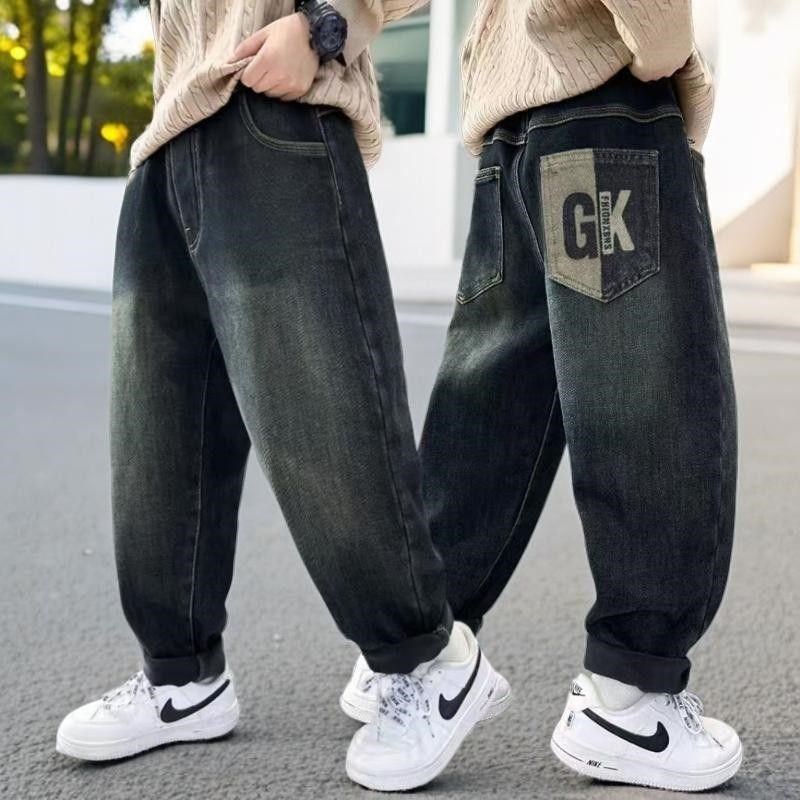 男童加厚c一体绒牛仔裤2024秋冬新款中大童儿童韩版宽松时尚休闲