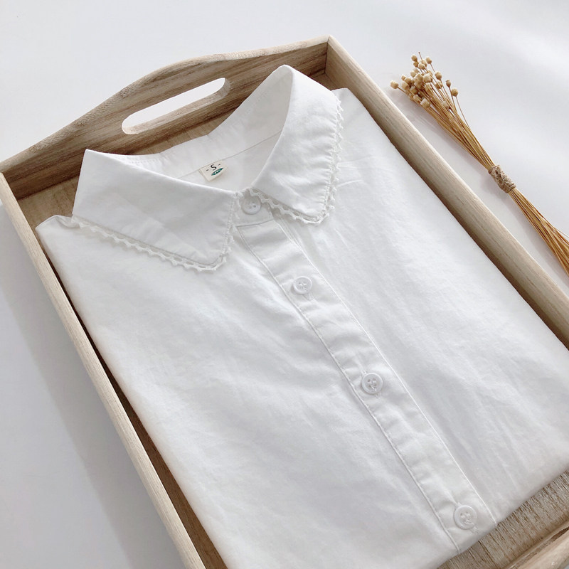 2021秋季新款k蕾丝花边纯棉加绒白衬衫女长袖学生修身百搭打底衬