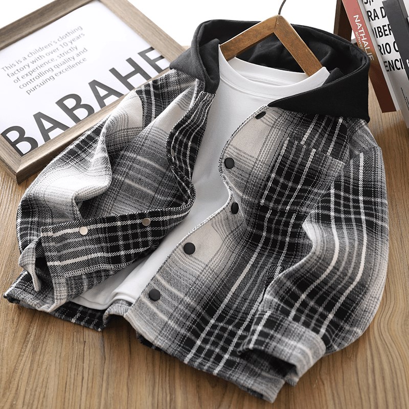 男童连帽外套f衬衫2025春装新款中大童帅气格子上衣学生版春秋卫