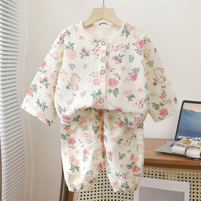空调服双层棉纱家居服童r装套装睡衣婴儿四季款女童薄款儿童小男