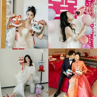 结婚晨袍拍照道具婚房布置订婚礼领证对联喜字灯笼新娘晨拍摄工具
