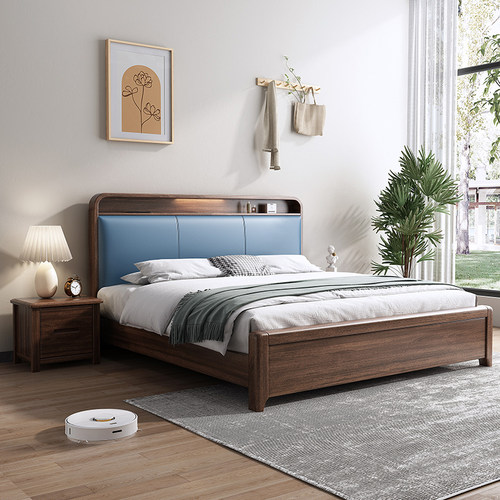 蓝色软包胡桃实木床新中式主卧2米x2米大床200220储物高箱家具