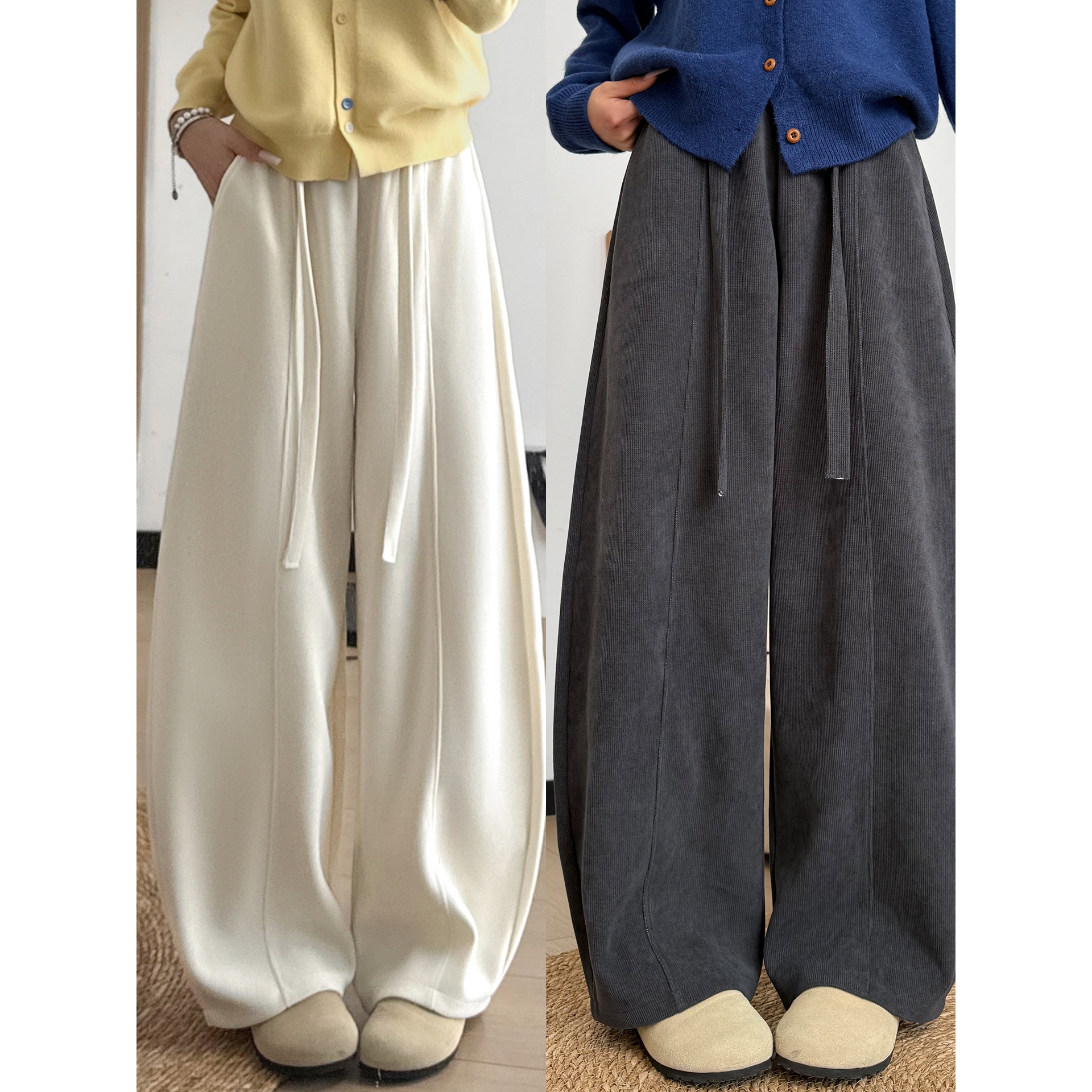 白色灯芯绒弯刀裤女2025新款秋冬加绒休闲宽松慵懒松弛感阔腿裤子