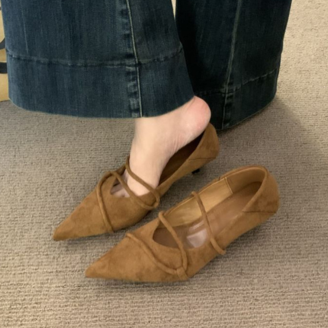 法式绒面尖头猫跟浅口单鞋女黑色上班鞋子春秋四季低跟玛丽珍鞋子