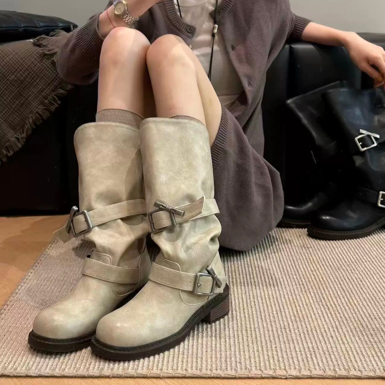 牛皮版~张元英同款皱褶堆堆靴女韩版做旧擦色中筒靴厚底骑士靴潮