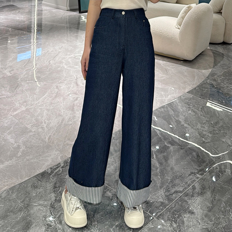 2025秋季牛仔色直筒九分裤翻边小阔腿裤棉质休闲女裤百搭文艺风
