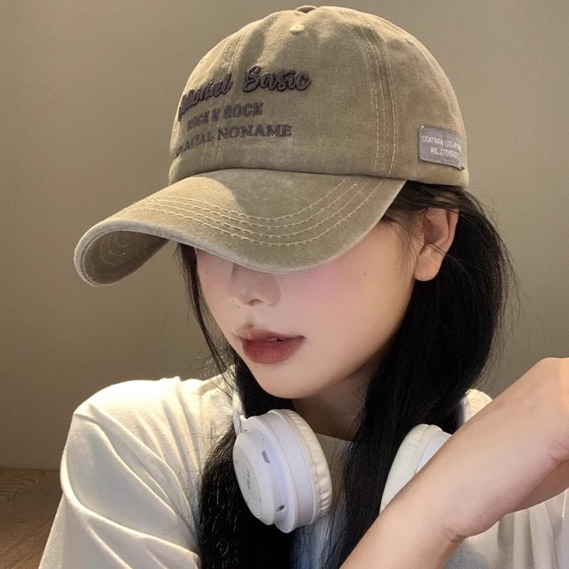 字母刺绣棒球帽女美式复古显脸小鸭舌帽水洗做旧大头围宽帽檐