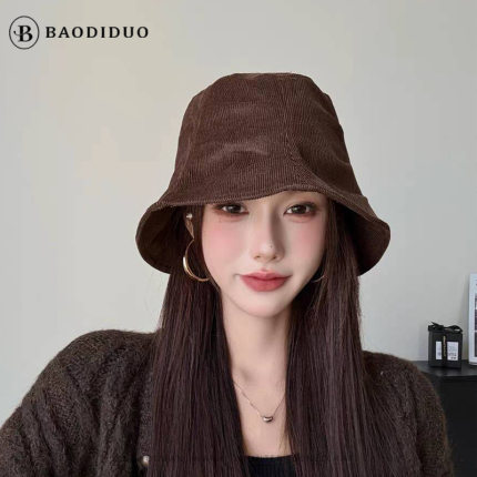 日系复古渔夫帽灯芯绒褶皱帽子女大头围显脸小水桶帽时尚百搭盆帽